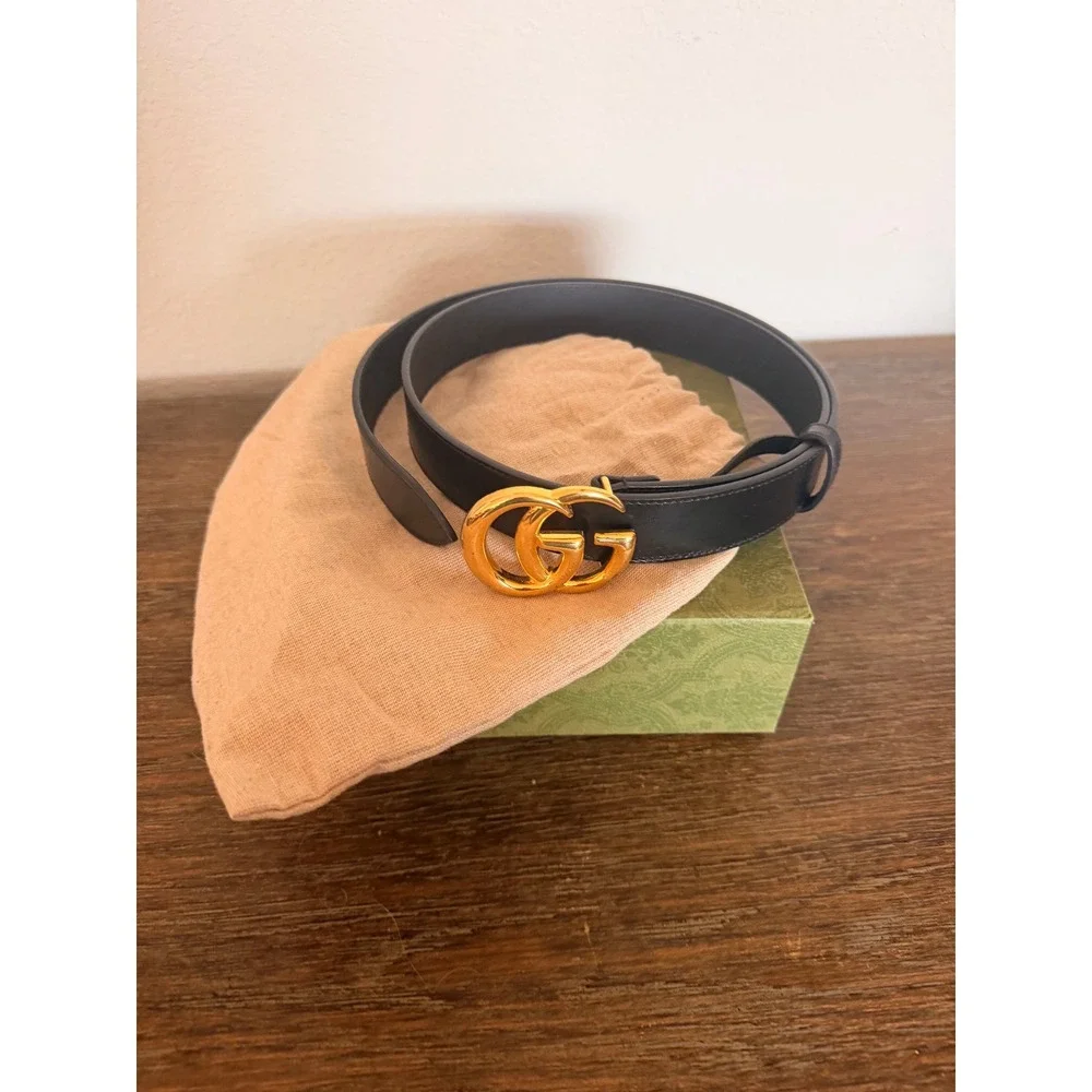 Gucci Womens GG Marmont Wide Belt 105 Black Leather Gold Buckle Luxury